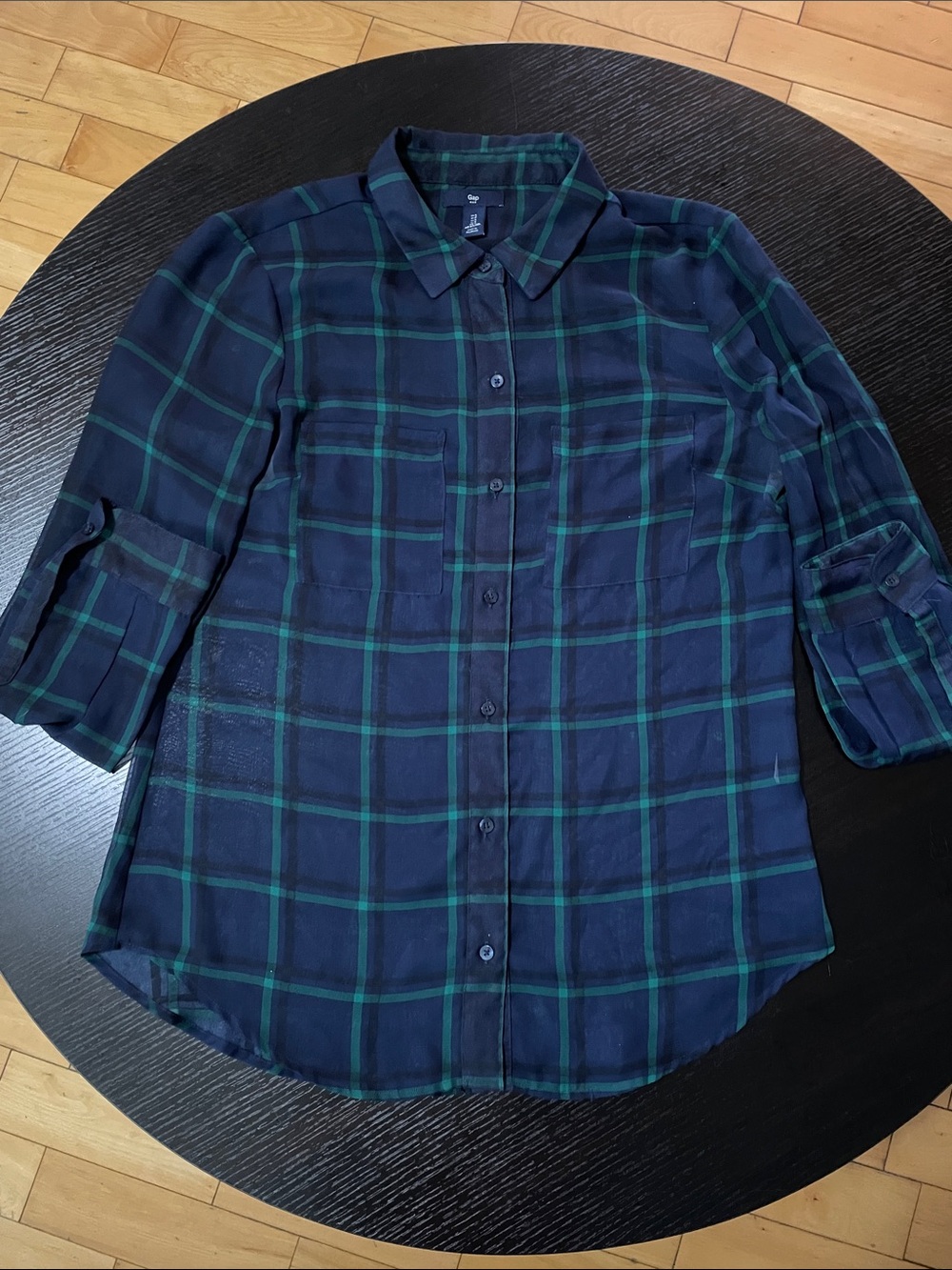 Women’s Sheer Navy and Green Plaid Blouse